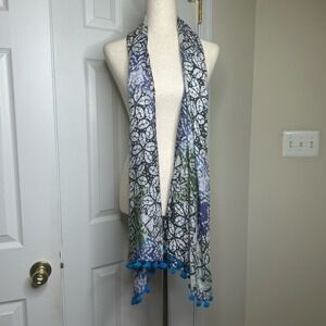 CABI Summer Scarf One Size Teal Pom Poms BOHO